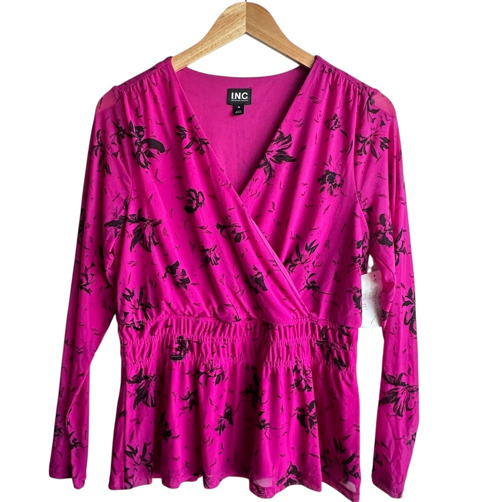 INC Top Floral Magenta Surplice Neckline Faux Wrap‎ Medium Career Chic NWT